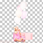 Balloons, birthday and girl on pink background for celebration, party and special day in studio. Happy, wonder and excited young child sitting with presents, gift box and decoration for festive event