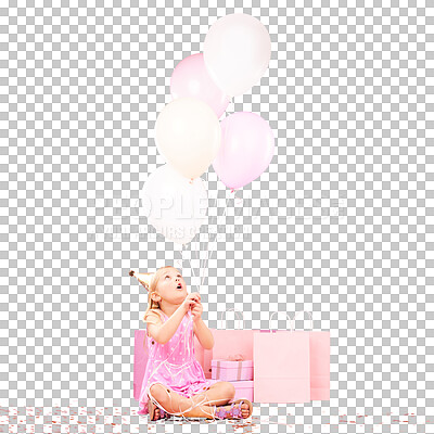 Buy stock photo Little girl, balloons and wonder with present for birthday, event or celebration. Young, child and sitting with party hat, decoration and isolated on transparent png background for pink, gift and box