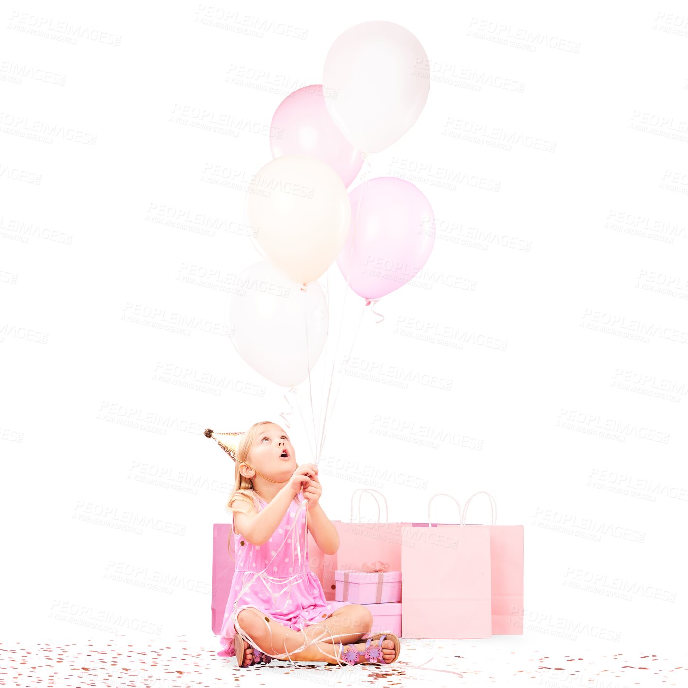 Buy stock photo Little girl, balloons and wonder with present for birthday, event or celebration. Young, child and sitting with party hat, decoration and isolated on transparent png background for pink, gift and box