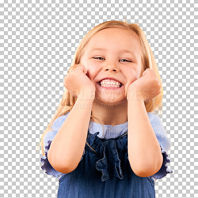 Buy stock photo Happy, smile and portrait of girl child with cute, joy and excited attitude with confidence. Fashion, childhood and hands on face of kid in fun or trendy outfit isolated by transparent png background