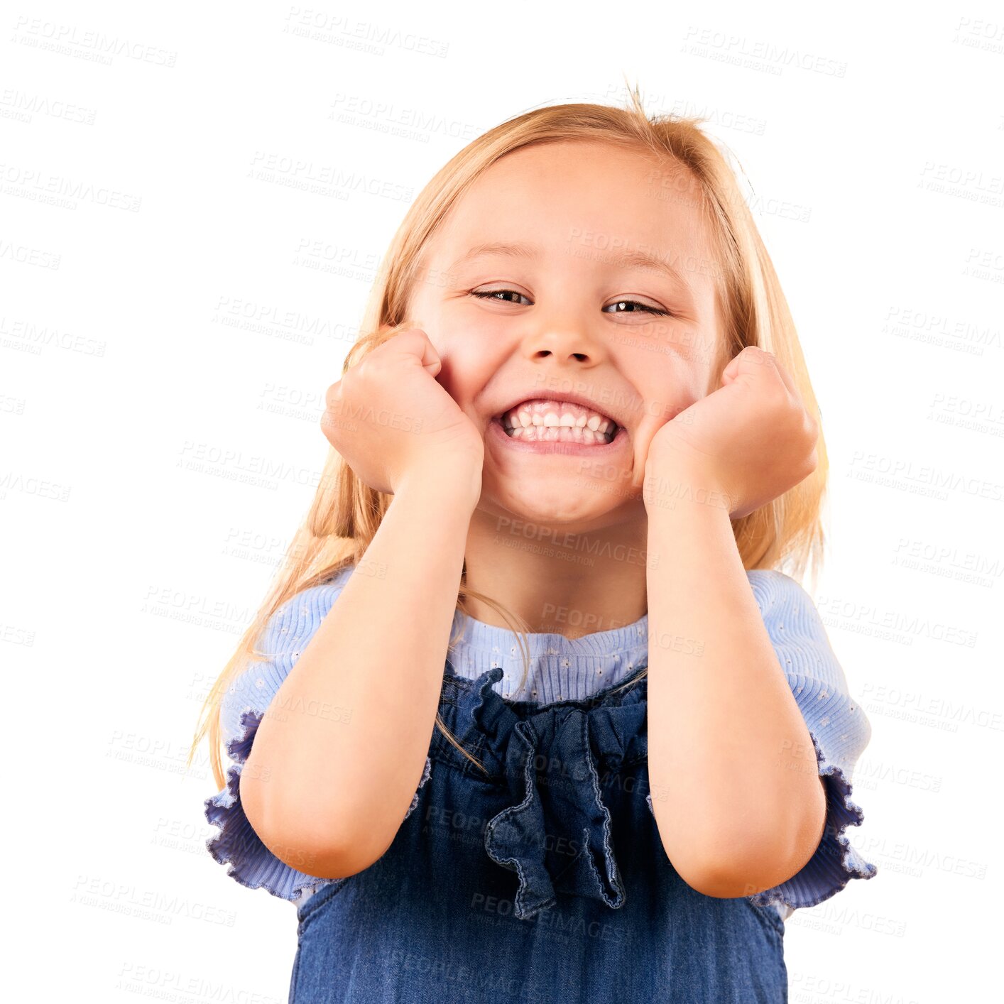 Buy stock photo Happy, smile and portrait of girl child with cute, joy and excited attitude with confidence. Fashion, childhood and hands on face of kid in fun or trendy outfit isolated by transparent png background