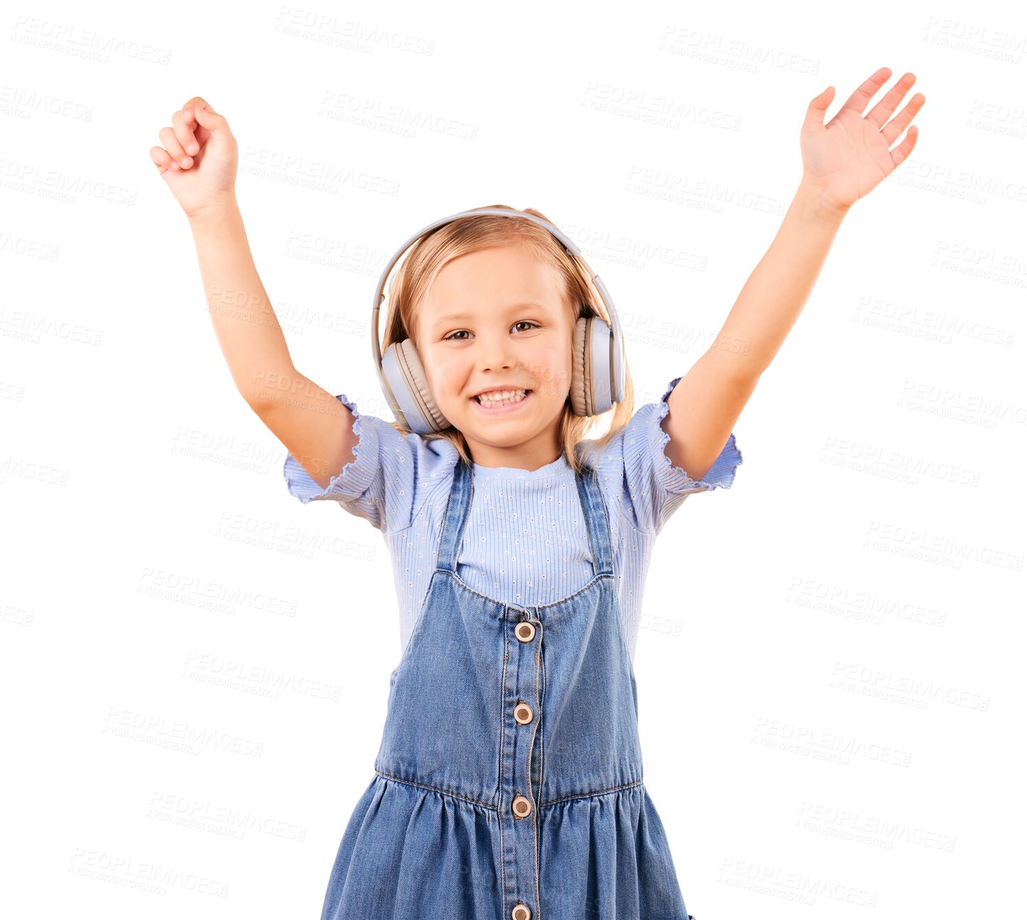 Buy stock photo Smile, headphones and child or music, portrait and streaming radio or isolated on transparent png background. Happy girl, podcast and hearing audio or dancing, playlist and sound for freedom or relax