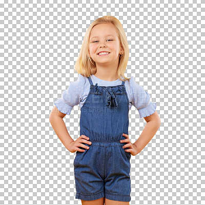 Buy stock photo Happy, fashion and portrait of girl child with happiness, joy and excited with positive and confident attitude. Cute, style and kid in trendy adorable outfit isolated by transparent png background.