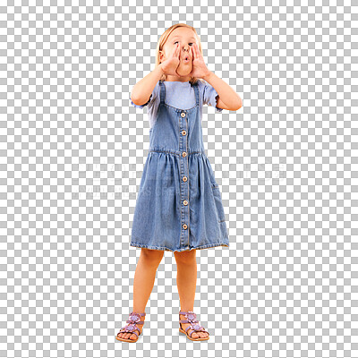 Buy stock photo Child, hands and shout for announcement communication, info or isolated on transparent png background. Female person, girl and wow mouth or fingers screaming or emoji gesture, voice or opinion