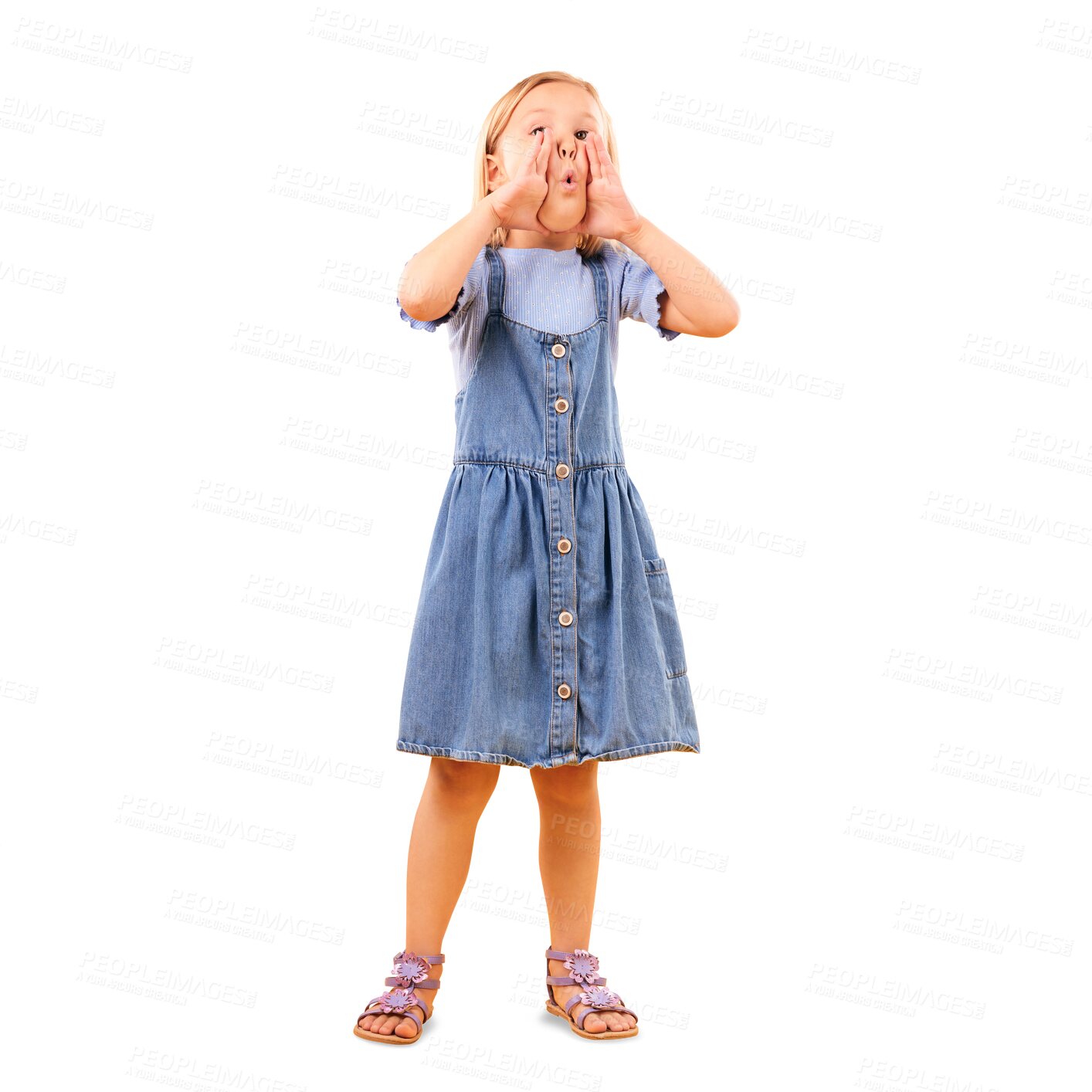 Buy stock photo Child, hands and shout for announcement communication, info or isolated on transparent png background. Female person, girl and wow mouth or fingers screaming or emoji gesture, voice or opinion