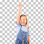 Learning, hands raised and happy kid with question in studio isolated on an orange background mockup space. Excited, answer and girl student asking why, knowledge and education at kindergarten school