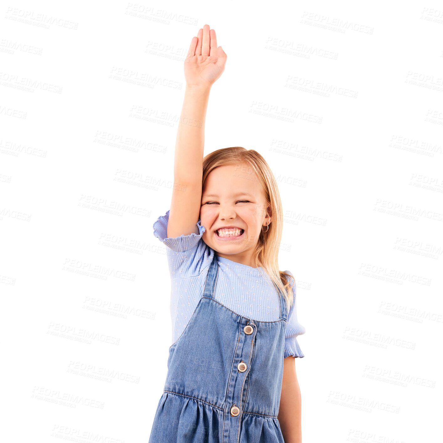 Buy stock photo Happy, smile and hand up with a girl child isolated on a transparent background for celebration as a winner. Target, goal and success with an excited young kid on PNG for motivation or achievement