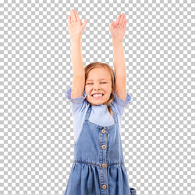 Buy stock photo Children, smile and hands up with a little girl isolated on transparent background for celebration as a winner. Kids, goal and success with an excited young child on PNG for motivation or achievement