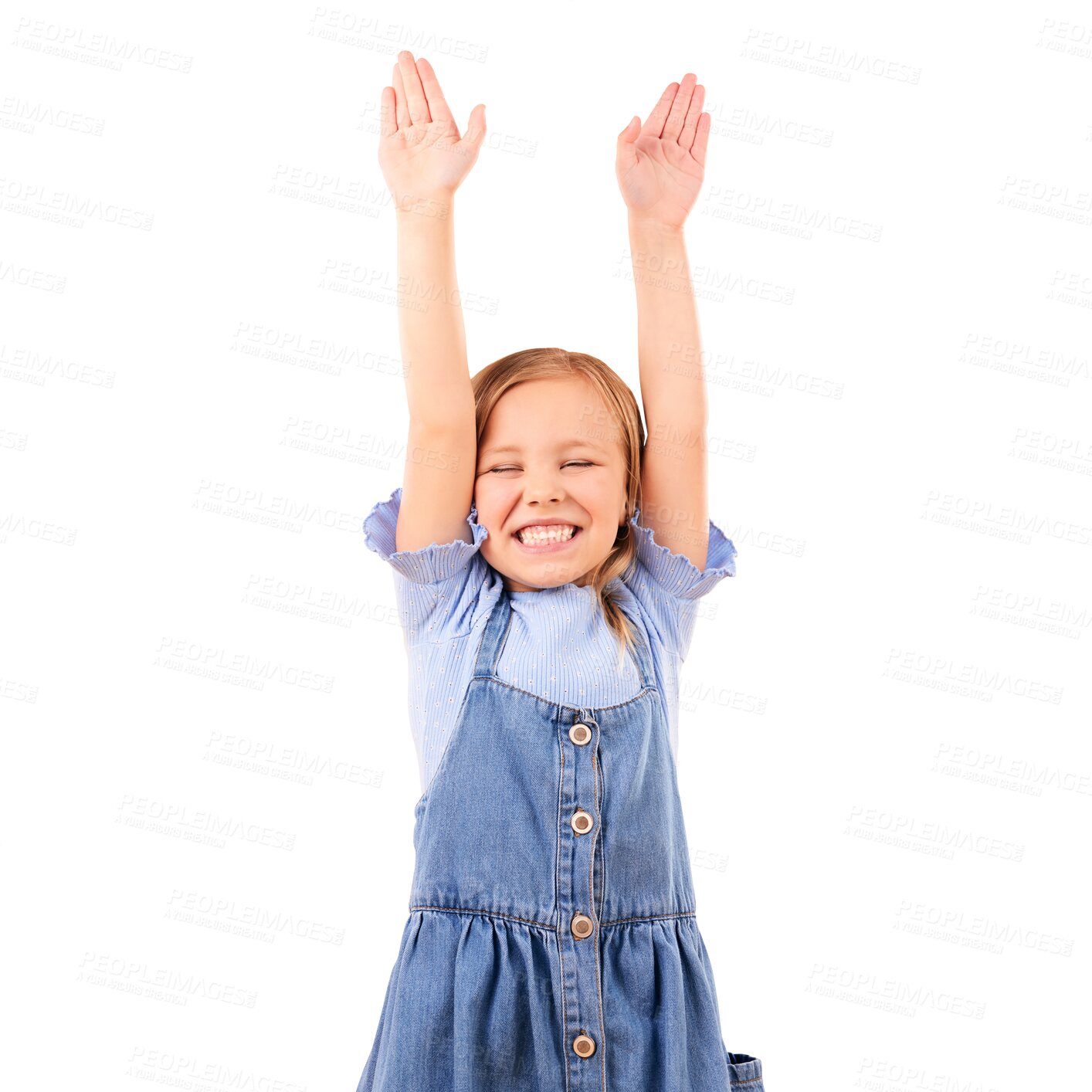 Buy stock photo Children, smile and hands up with a little girl isolated on transparent background for celebration as a winner. Kids, goal and success with an excited young child on PNG for motivation or achievement