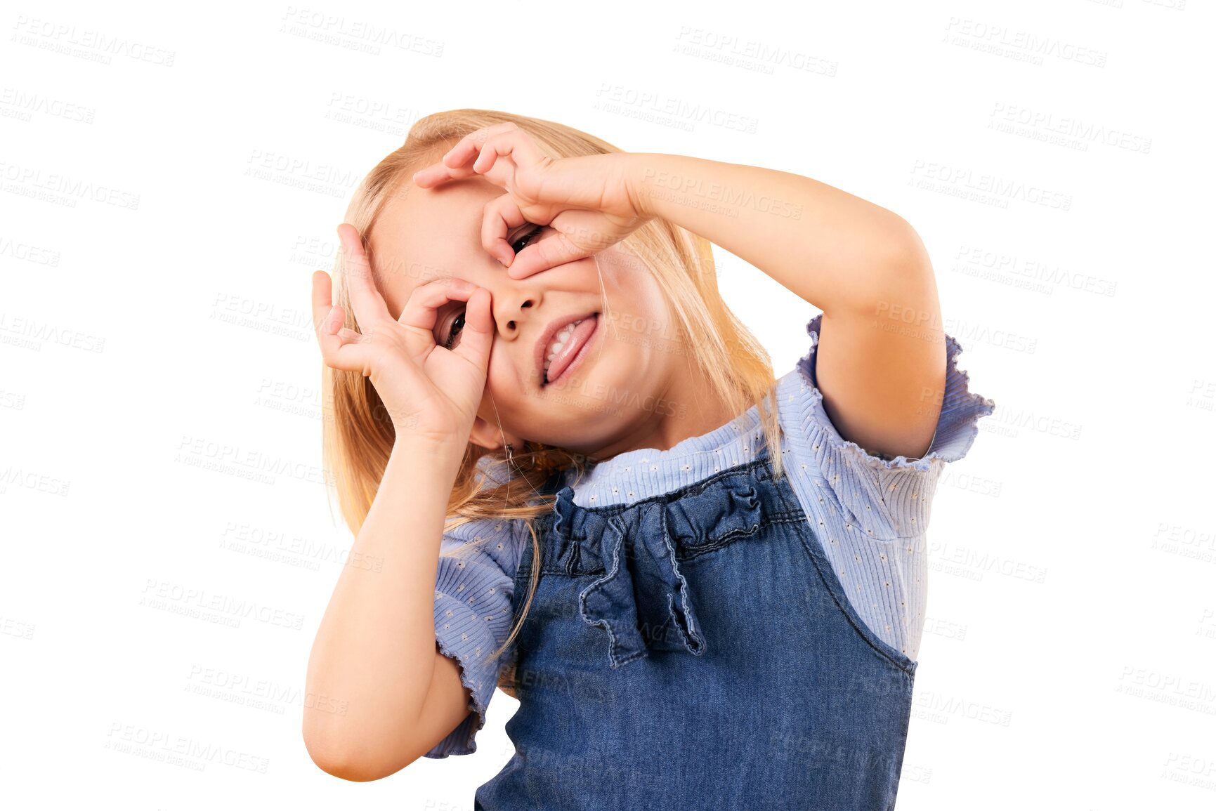 Buy stock photo Girl child, fun and hand glasses for playing, free and funny gesture isolated on png transparent background. Finger, frame and kid with silly expression, mood or personality with playful or games