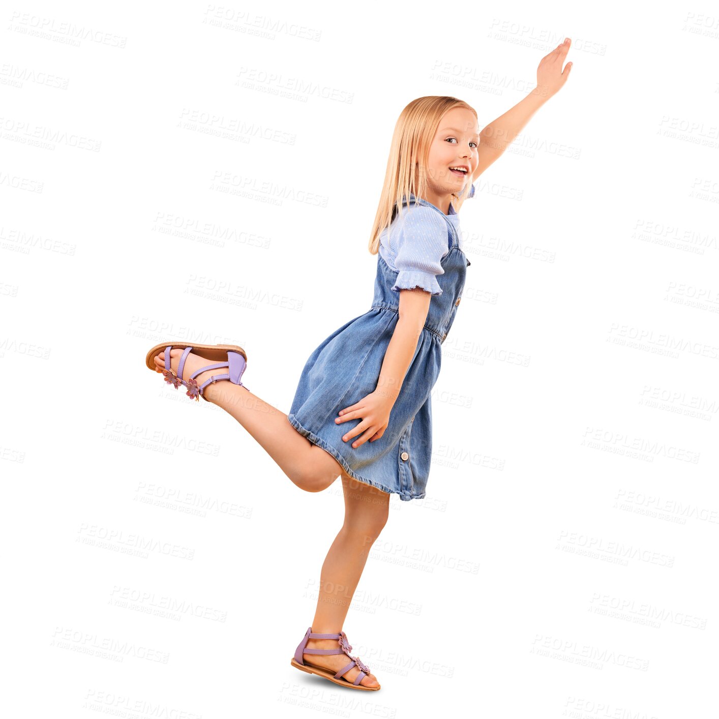Buy stock photo Portrait, girl and kid fly in game or fantasy with happiness in transparent, isolated or png background. Happy, child and jump or imagine flying as a hero for creative, pretend and childhood freedom