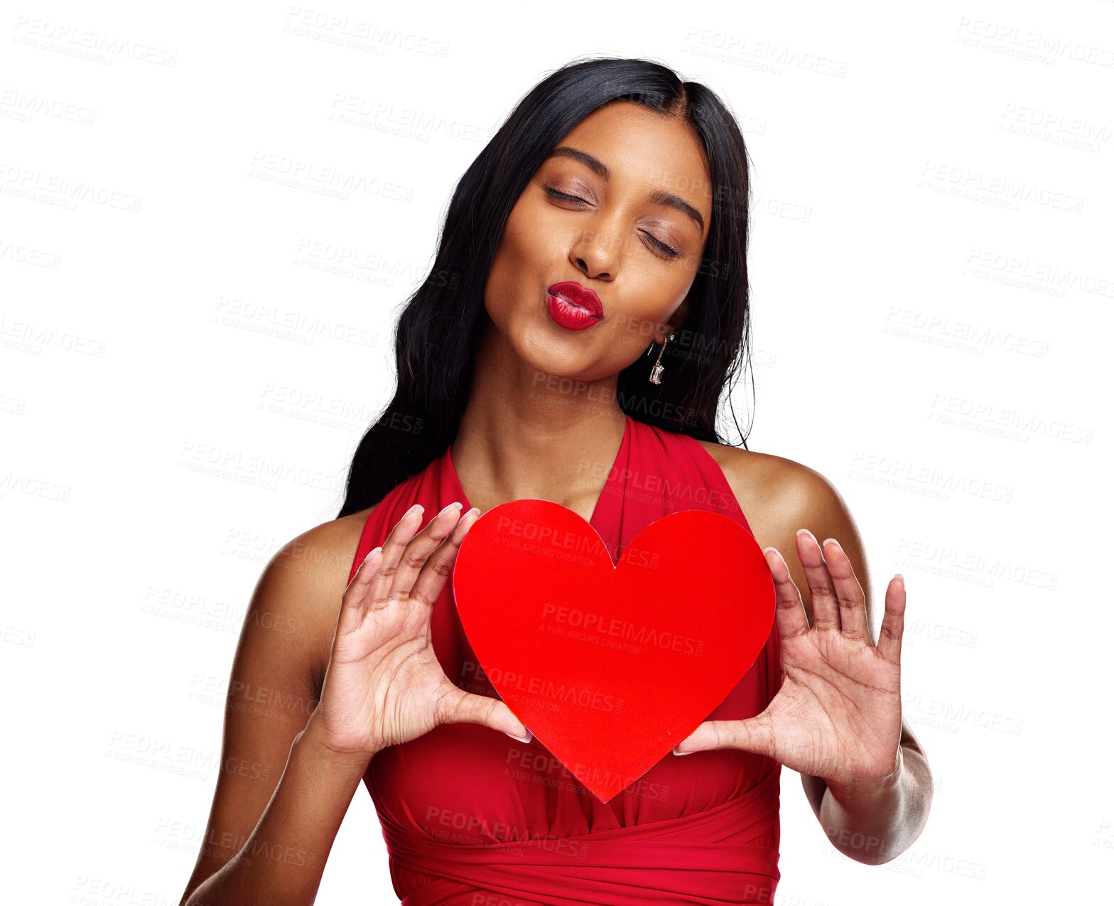 Buy stock photo Pout, heart and woman with a card on valentines day isolated on png transparent background for love. Red lips, emoji and happy young female holding a shape or symbol for kiss, care or flirting
