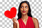 Woman, paper heart and thinking in studio with makeup, beauty and romantic sign by red background. Young girl, ideas and cardboard emoji with love for cosmetics, valentines day date and aesthetic