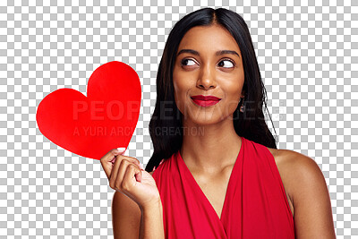 Buy stock photo Smile, heart and woman with romance on valentines day isolated on png transparent background for love. Red lips, emoji and happy young female holding a shape or symbol of affection, care or kindness