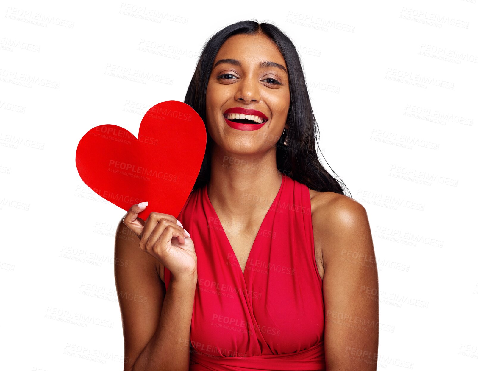 Buy stock photo Portrait, heart and woman with romance on valentines day isolated on png transparent background for love. Red lips, emoji and happy young female holding a shape or symbol of affection, care or sign