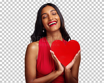 Buy stock photo Love, heart and woman with romance on valentines day isolated on png transparent background with smile. Red lips, emoji and happy young female holding a shape or symbol of affection, care or sign