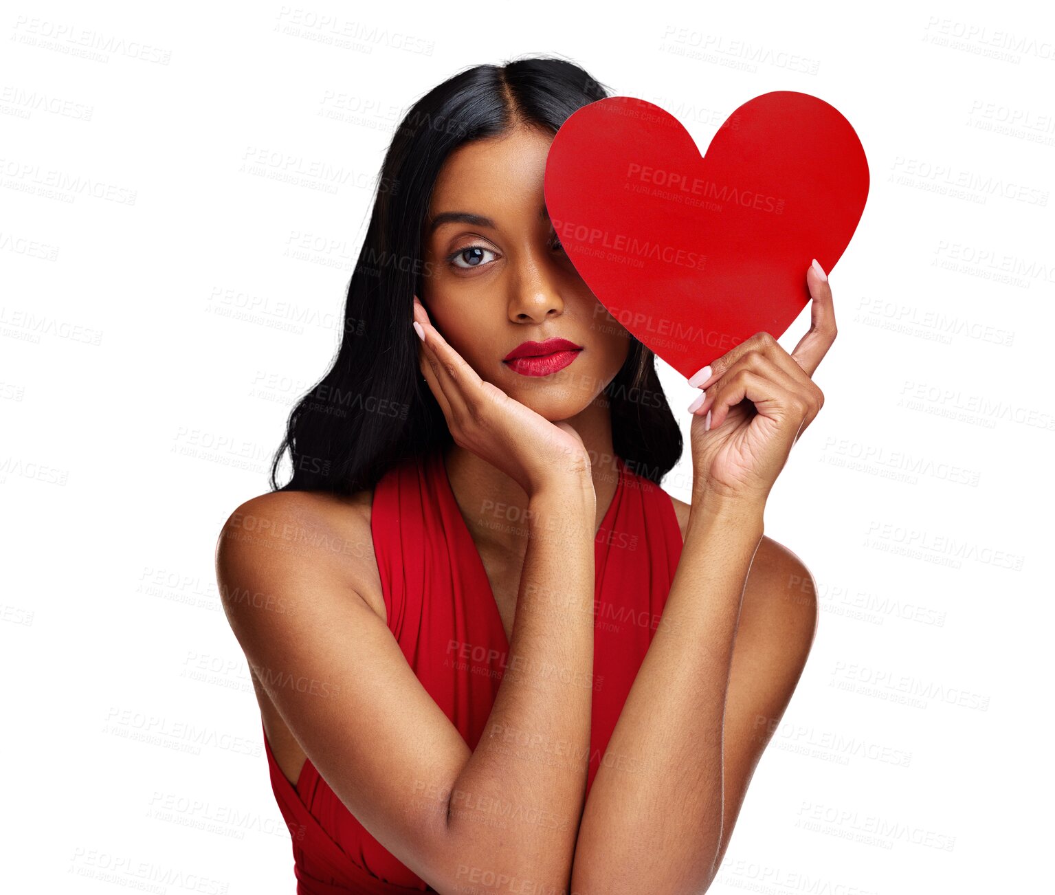 Buy stock photo Woman, paper heart and makeup in portrait, face and beauty for romantic sign on isolated transparent png background. Girl, fashion model and cardboard emoji for love, cosmetic and valentines day