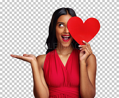 Buy stock photo Surprise, paper heart and beauty with red lipstick, face and makeup for romantic sign on isolated transparent png background. Girl, fashion and cardboard emoji for love, hand palm and valentines day