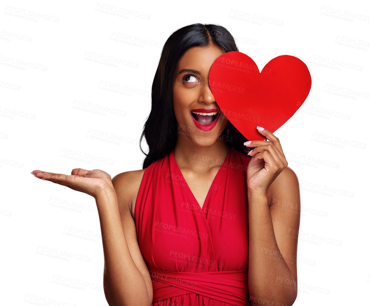 Buy stock photo Surprise, paper heart and beauty with red lipstick, face and makeup for romantic sign on isolated transparent png background. Girl, fashion and cardboard emoji for love, hand palm and valentines day