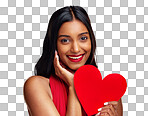Portrait, heart and romance with a woman on a pink background in studio for love or affection. Smile, emoji and social media with a happy young female holding a shape or symbol on valentines day