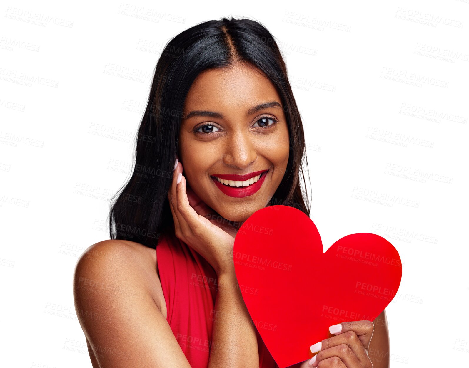 Buy stock photo Portrait, heart or woman with romance on valentines day isolated on png transparent background for love. Red lips, emoji or happy young female holding a shape or symbol of affection, care or kindness
