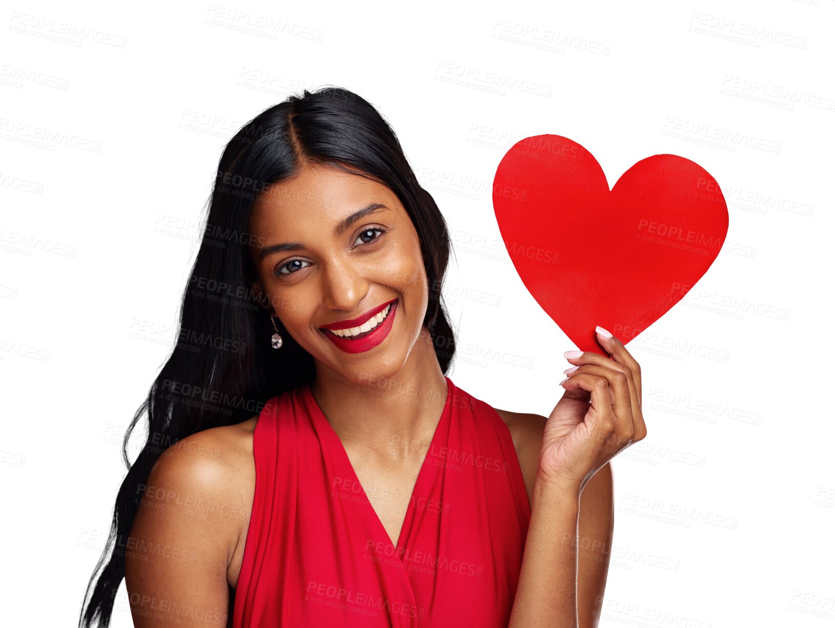Buy stock photo Portrait, heart and woman with romance on valentines day isolated on png transparent background for love. Red lips, emoji and happy female holding a shape or symbol of affection, care and kindness