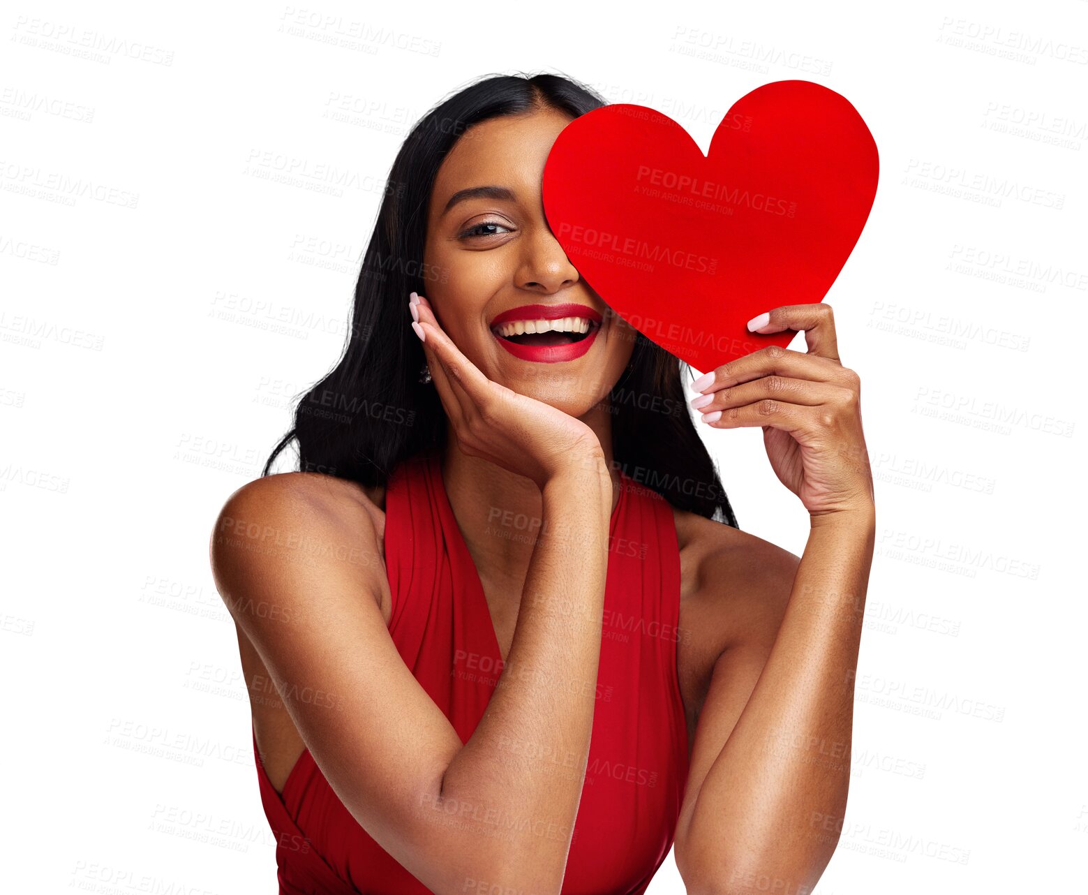 Buy stock photo Portrait, heart and woman with card on valentines day isolated on png transparent background for love. Red lips, emoji and happy young female holding a shape or symbol of affection, care or sign