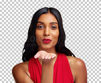 Buy stock photo Woman, red lipstick and beauty, blow kiss with makeup and cosmetics isolated on a transparent PNG background. Portrait of Indian female person or model with pout, color or shine for valentines day