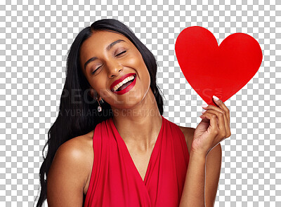 Buy stock photo Smile, heart and woman with card on valentines day isolated on png transparent background for love and laughing. Red lips, emoji and happy young female holding a shape or symbol for care or kindness