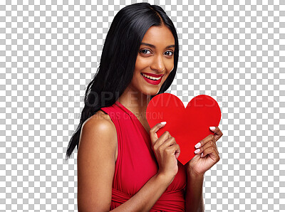 Buy stock photo Portrait, heart or woman with romance on valentines day isolated on png transparent background for love. Red lips, emoji or happy young person holding a shape or symbol of affection, care or kindness