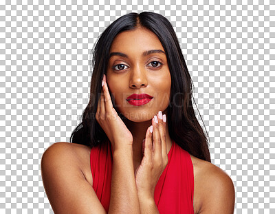 Buy stock photo Woman, portrait and face with makeup on valentines day for beauty isolated on a transparent PNG background. Indian female person or model touching skin in facial treatment or cosmetics of lady in red