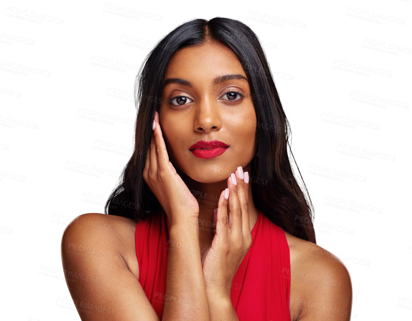 Buy stock photo Woman, portrait and face with makeup on valentines day for beauty isolated on a transparent PNG background. Indian female person or model touching skin in facial treatment or cosmetics of lady in red