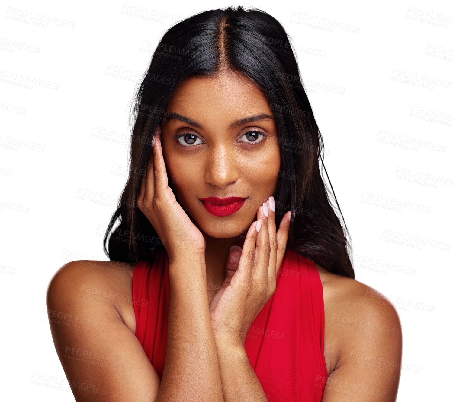 Buy stock photo Woman, portrait and red lipstick for beauty, face and makeup cosmetics isolated on a transparent PNG background. Indian female person touching skin in wellness or facial treatment for valentines day