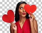 Red heart, woman in studio and kiss emoji on background for roma
