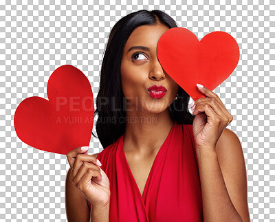 Buy stock photo Woman, red heart and makeup with kiss emoji, face and beauty for romantic sign on isolated transparent png background. Girl, fashion model and cardboard sign for love, cosmetic and valentines day