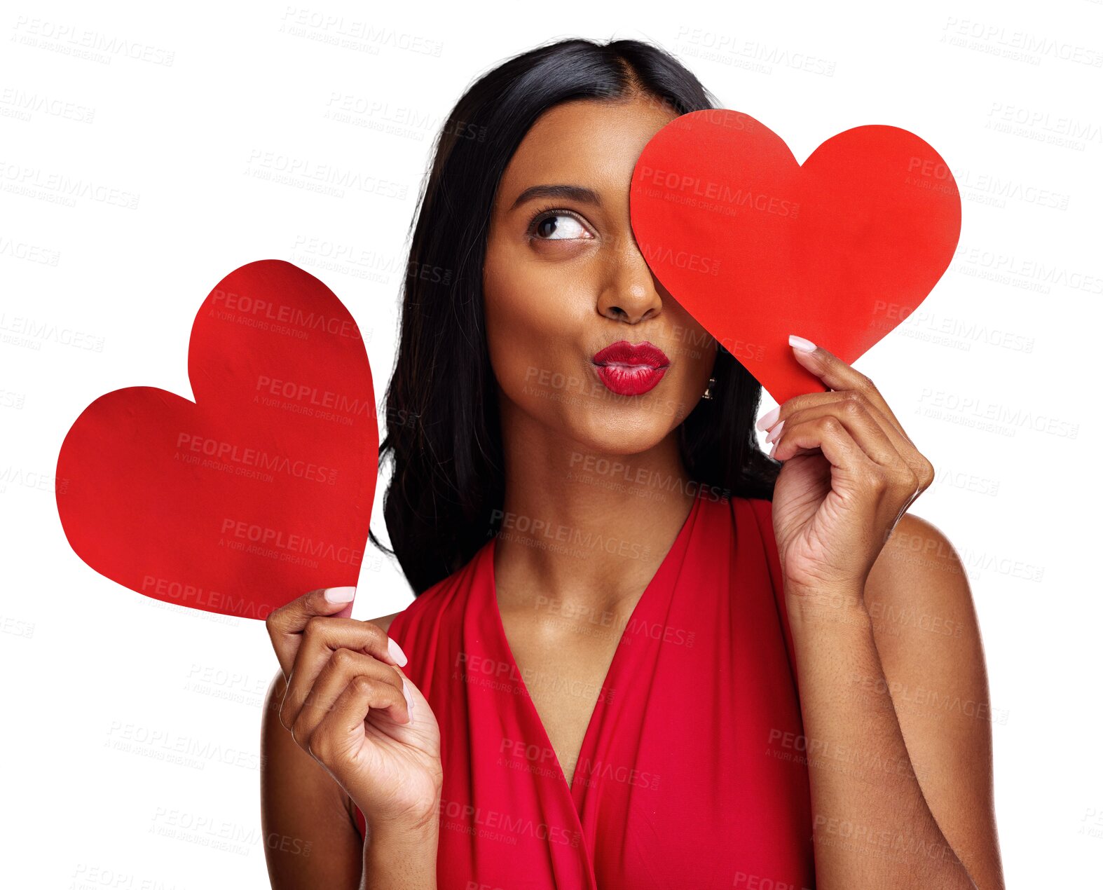 Buy stock photo Woman, red heart and makeup with kiss emoji, face and beauty for romantic sign on isolated transparent png background. Girl, fashion model and cardboard sign for love, cosmetic and valentines day