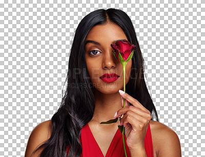 Buy stock photo Face, beauty and portrait of woman with rose for valentines day isolated on a transparent PNG background. Makeup, model and serious young Indian girl with flower or plant in hand for romance or love
