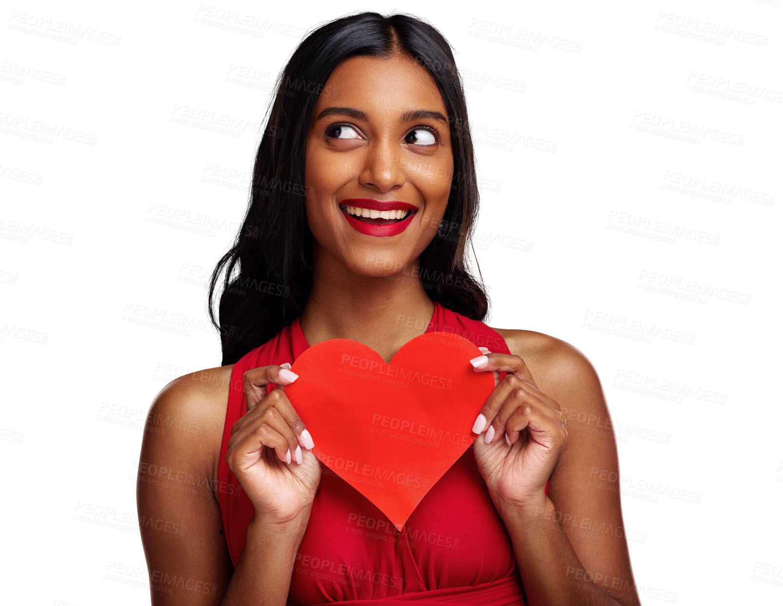 Buy stock photo Thinking, heart and woman with card on valentines day isolated on png transparent background for love. Red lips, emoji and happy young female holding a shape or symbol of affection, care or ideas