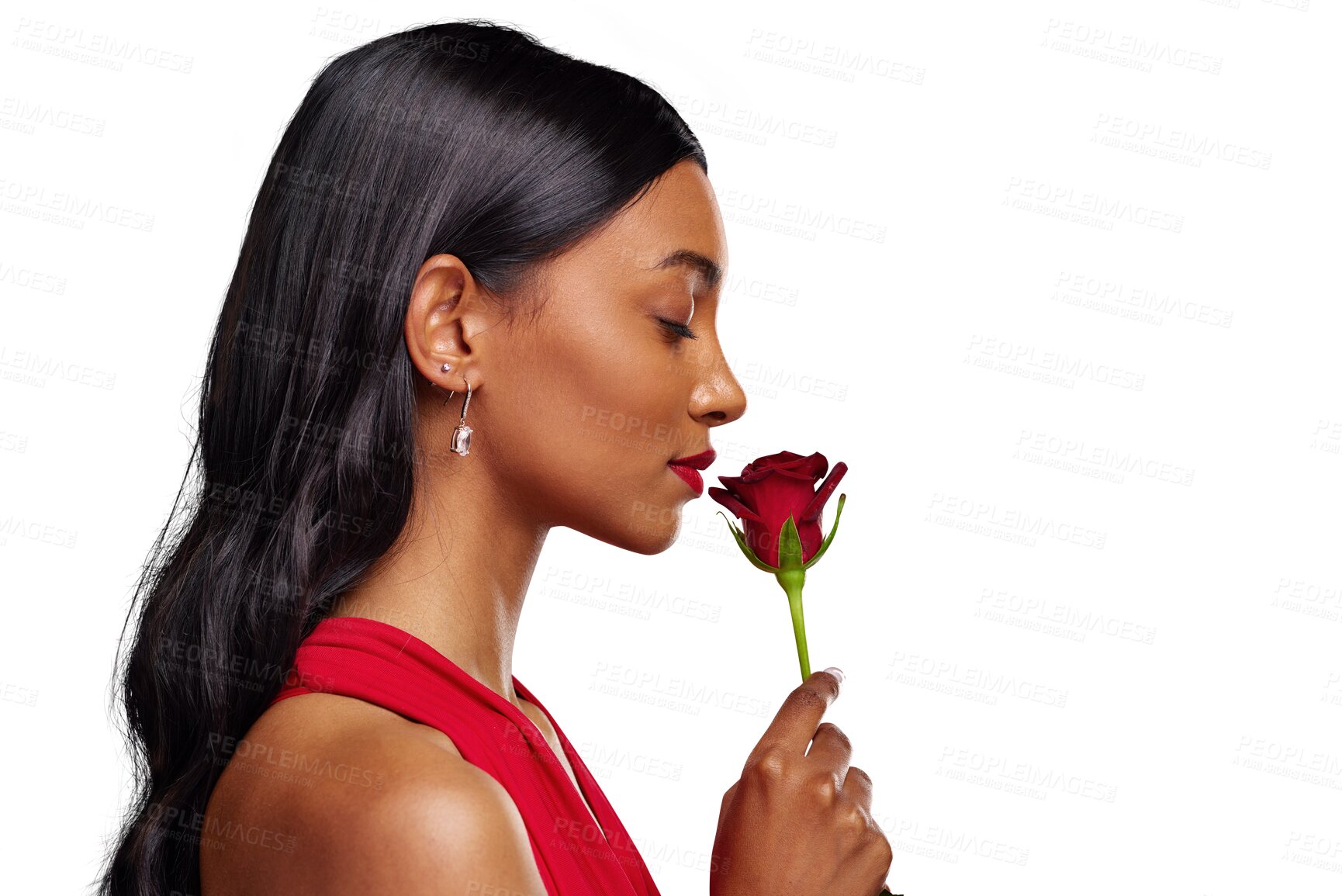 Buy stock photo Face, woman and smelling a red rose for valentines day isolated on a transparent PNG background. Fragrance, model and profile of Indian female person with a flower in hand for romance, scent or love