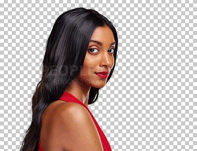 Buy stock photo Portrait, face and woman with red lipstick for beauty, makeup or cosmetics isolated on a transparent PNG background. Attractive Indian female person or model posing in confidence for valentines day