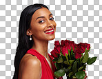 Happy, beauty and portrait of a woman with a rose on a studio ba