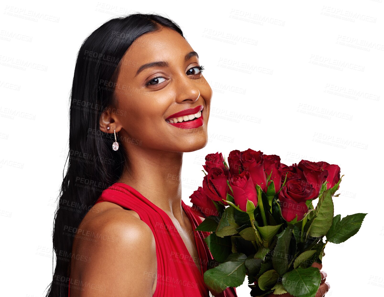 Buy stock photo Woman, red roses and makeup in portrait, face and beauty for romantic gesture on isolated transparent png background. Girl, fashion model and flower bouquet for love, cosmetic and valentines day