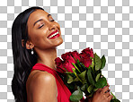 Face, beauty and smile of a woman with a roses on a studio backg