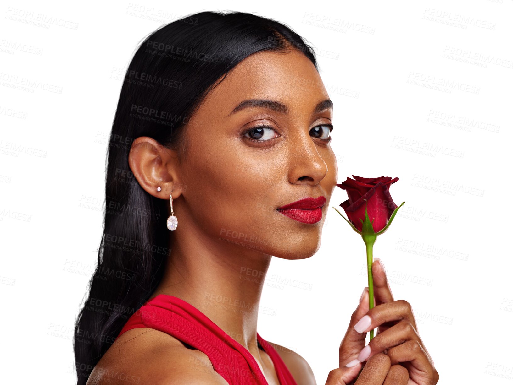 Buy stock photo Portrait, woman and red rose with makeup in beauty or cosmetics isolated on a transparent PNG background. Face of young Indian female person or model with flower for romance, love or valentines day