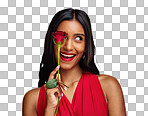 Excited, beauty and face of a woman with a rose on a studio back