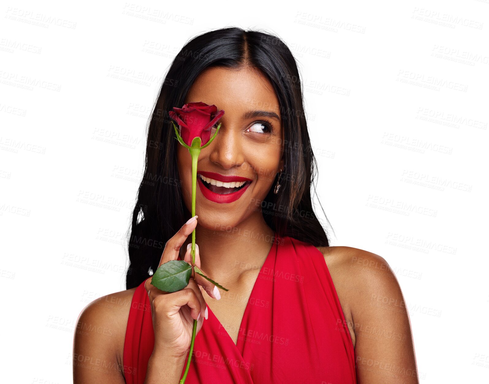 Buy stock photo Excited woman, face and beauty with red rose for valentines day isolated on a transparent PNG background. Happy young Indian female person or model smile with flower in hand for romance or love