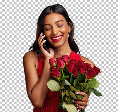 Buy stock photo Happy woman, phone call and smile for bouquet of roses isolated on a transparent PNG background. Indian female person talking on mobile smartphone with flowers in romance, love or valentines day gift