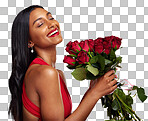 Happy, beauty and face of a woman with a roses on a studio backg