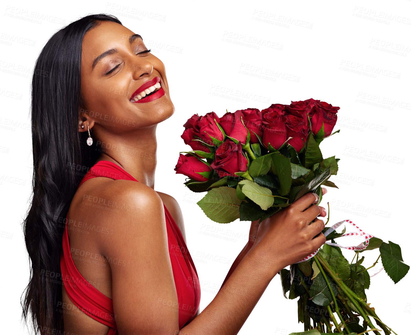 Buy stock photo Happy, beauty and face of a woman with roses isolated on png transparent background for valentines day. Makeup, model and young Indian girl with a flower bouquet and smile for romance, love or date