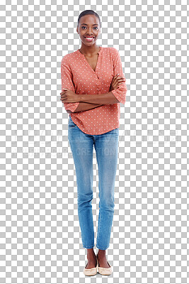 Buy stock photo Isolated black woman, arms crossed and smile in portrait, confidence and trendy fashion by transparent png background. African girl, person and happy with shirt, jeans and clothes with pride in Kenya